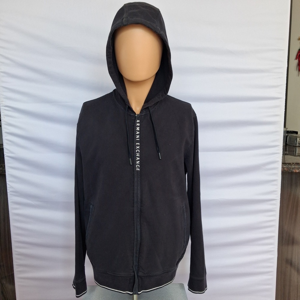 Armani Exchange Mens Black Full Zip Hoodie Logo Tape Sweatshirt 8NZM82 ZJH3Z L